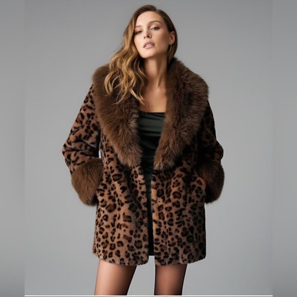Leopard Pattern Faux Fur Belted Coat Brown - Picture 7 of 11